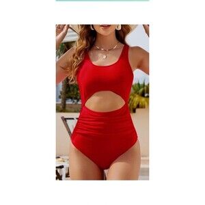 Vimpunec Red Cut Out One Piece wSwimsuit Ruched Tummy Control Bathing Suit Lg